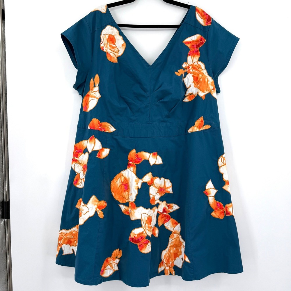 eShakti Teal Blue Floral Applique V-Neck A-Line Dress with Pockets Custom 3X